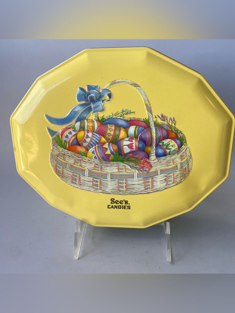 Vintage See’s Candies Yellow Easter Basket Decorative Collectors Tin